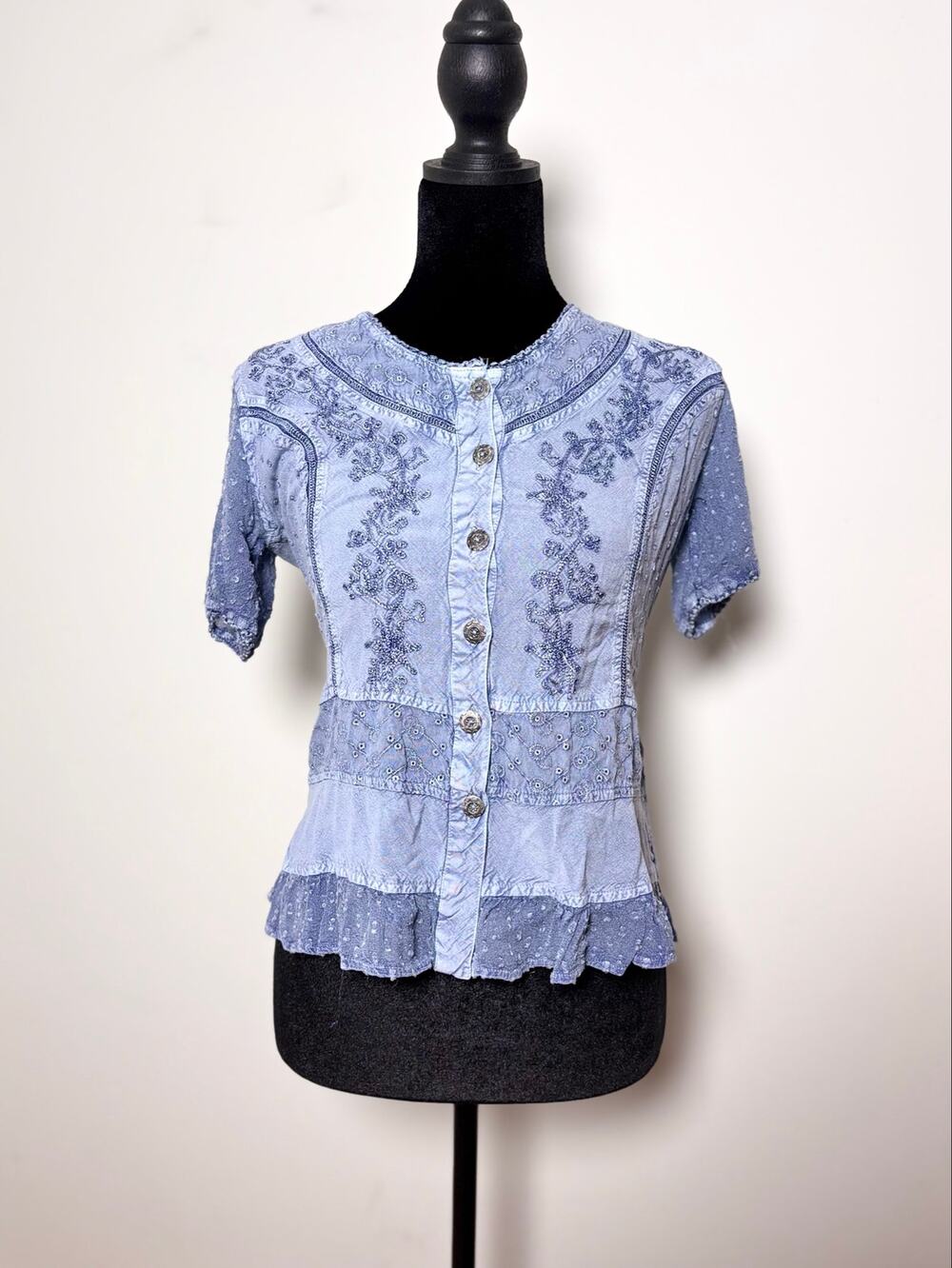 Coline Cornflower Blue Soft Washed Lace Embroidery Blouse Tiered Hem Tieback